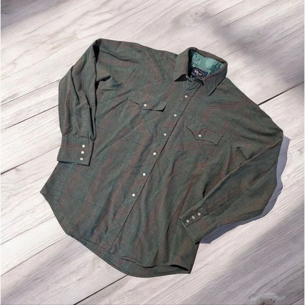 Williams Bay Plaid Grey Western Flannel Button Down Shirt XL 17.5 Pearlsnap
